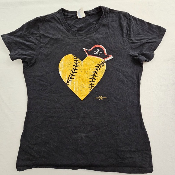 Port & Company Tops - Seam Headed Baseball Heart Pirate Black Short Sleeve Cotton T-Shirt Women's L